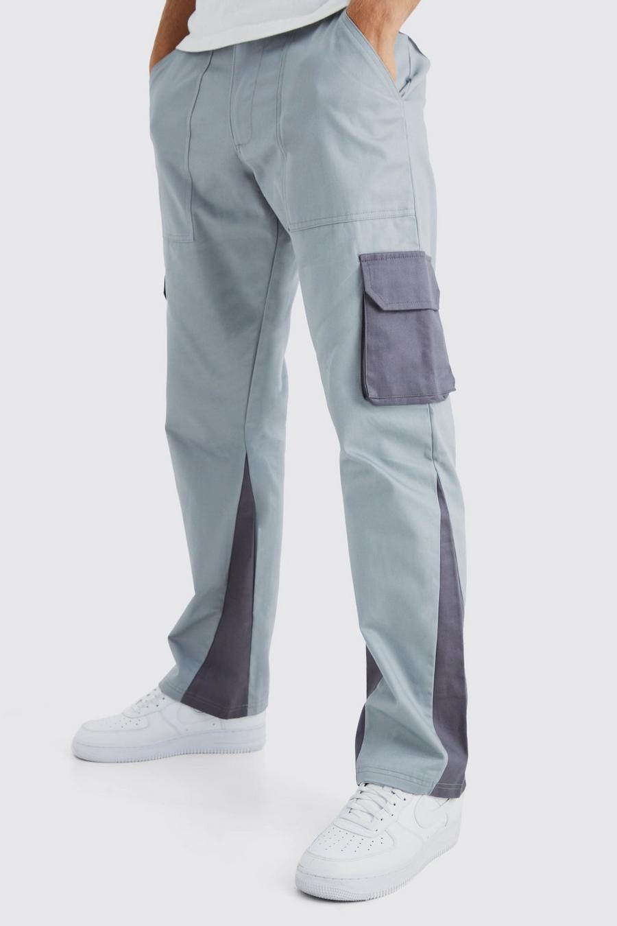 Pantaloni Cargo Tall a zampa Slim Fit a blocchi di colore con inserti, Slate image number 1