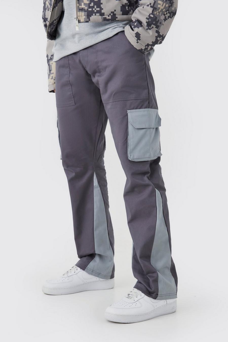 Pantalón Tall cargo ajustado de campana con colores en bloque y refuerzos, Charcoal image number 1