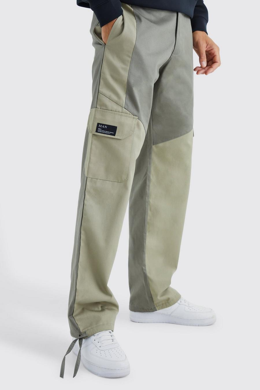 Khaki Tall Slim Fit Color Block Cargo Broek Met Geweven Label image number 1