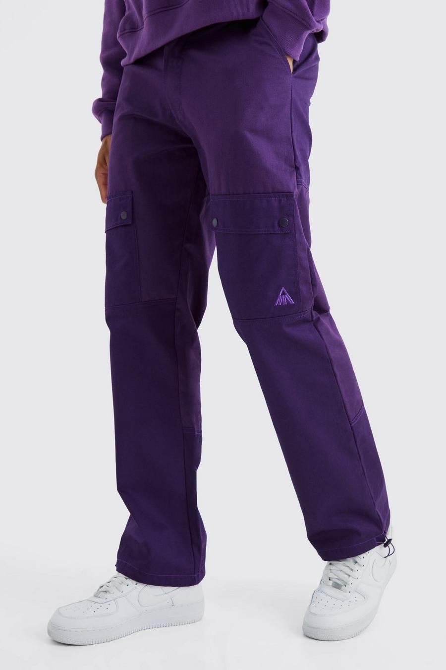 Pantaloni Cargo Tall rilassati a blocchi di colore con logo tono su tono, Purple image number 1