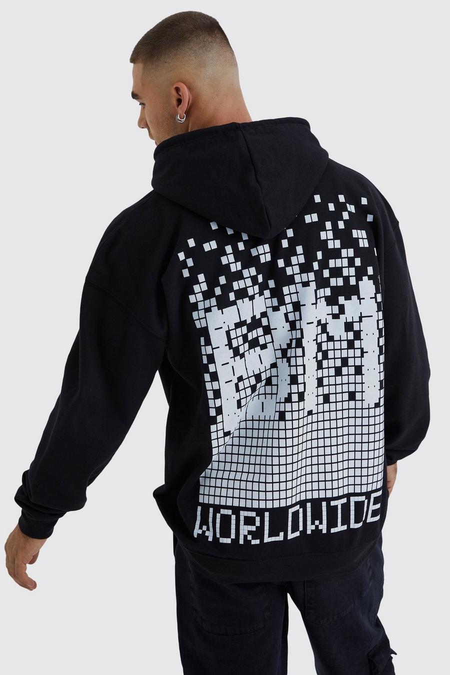 Black Oversized Bm Pixilated Graphic Hoodie image number 1