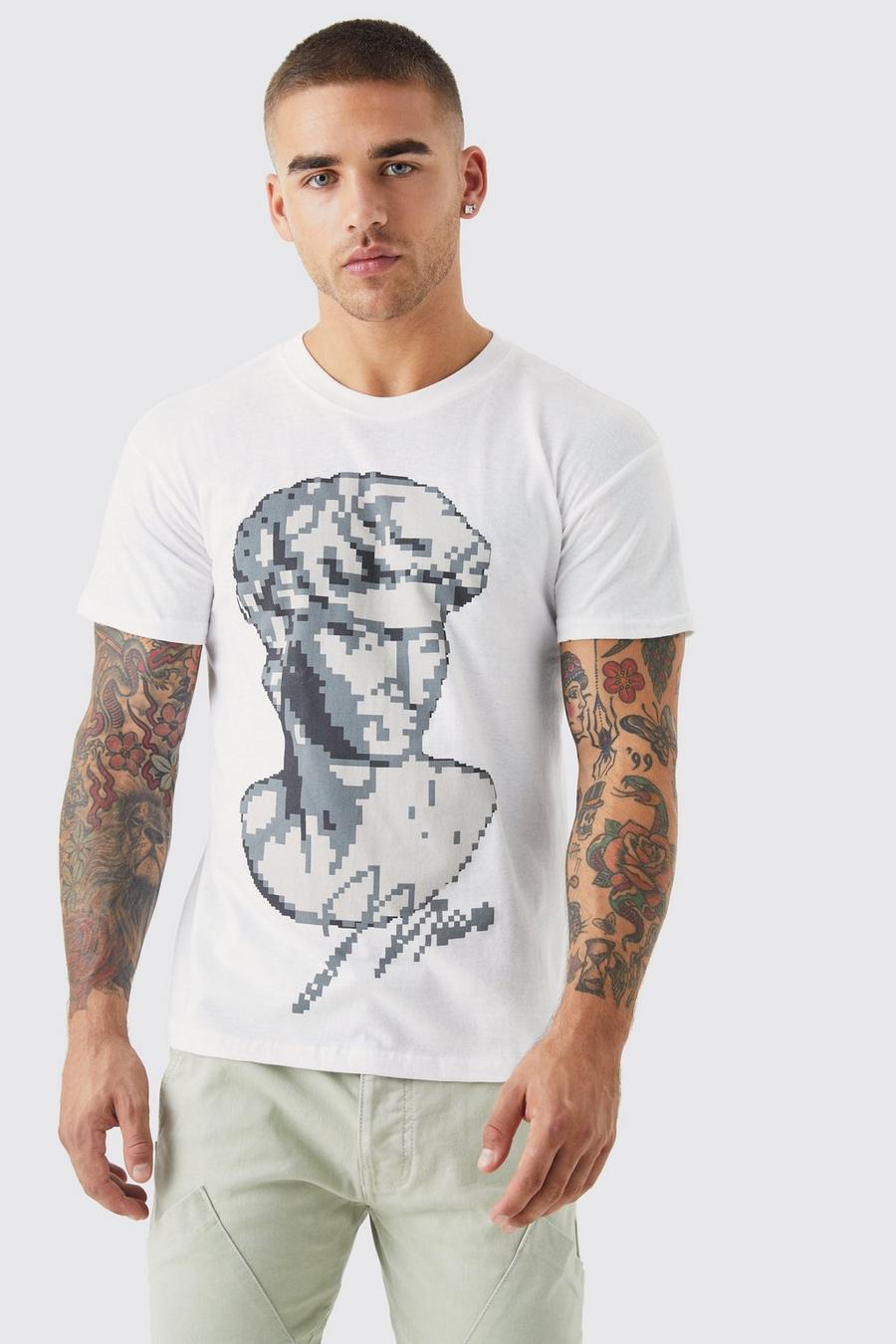 White Pixilated Statue Graphic T-shirt image number 1