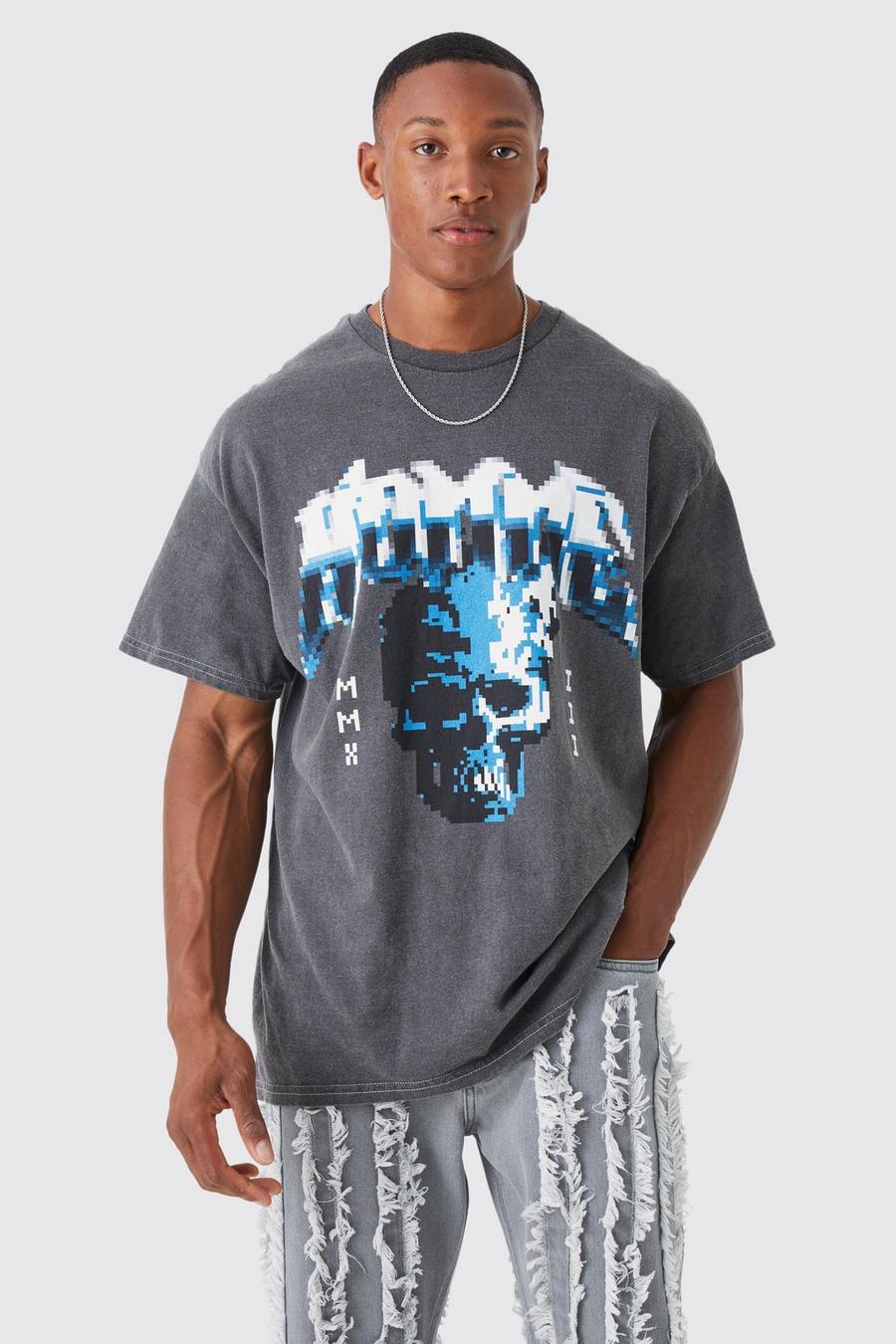 Camiseta oversize sobreteñida con estampado gráfico Homme pixelado, Charcoal image number 1