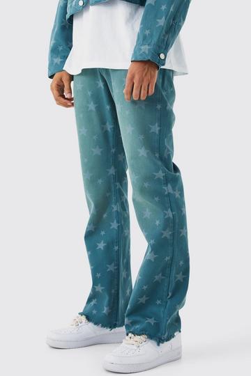 Teal Green Relaxed Rigid Flare All Over Star Print Jeans