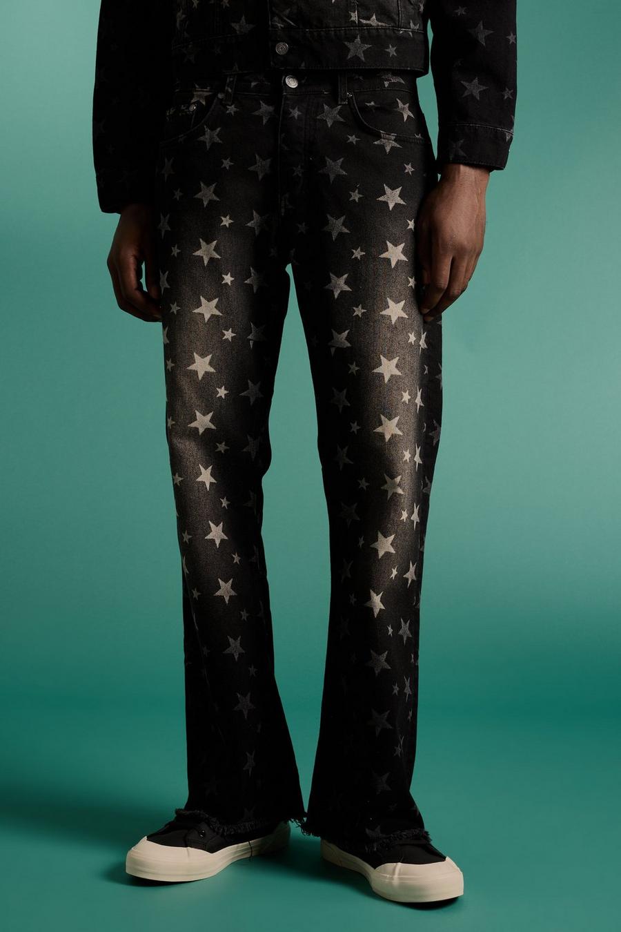Washed black Relaxed Rigid Flare All Over Star Print Jeans image number 1