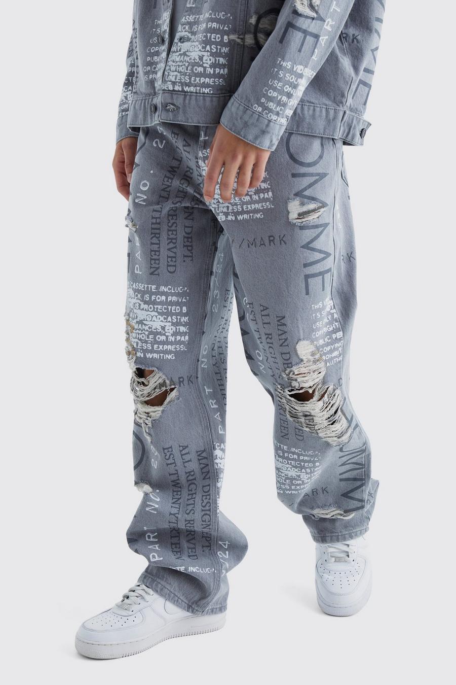 Mid grey Baggy Rigid All Over Distressed Jeans image number 1
