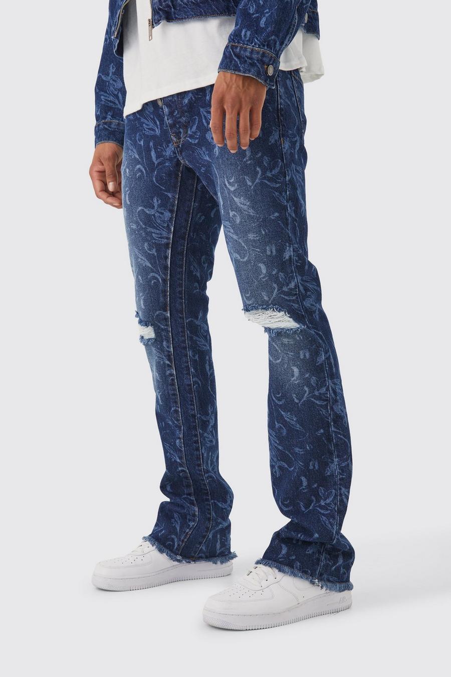 Dark blue Slim Fit Flared Laser Print Jeans Met Gusset Detail image number 1