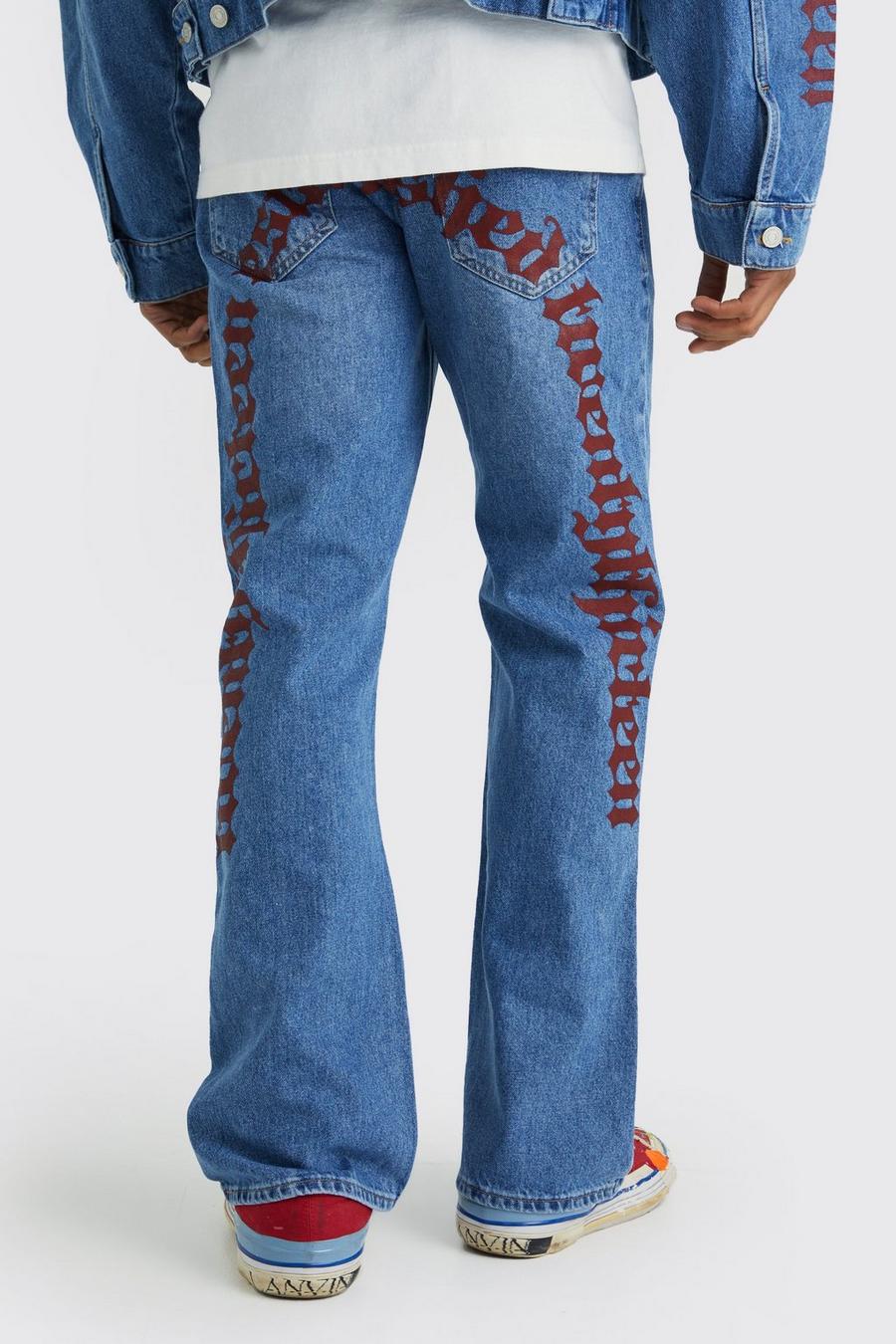 Jeans rilassati a zampa in denim rigido con grafica e fascia in vita, Mid blue