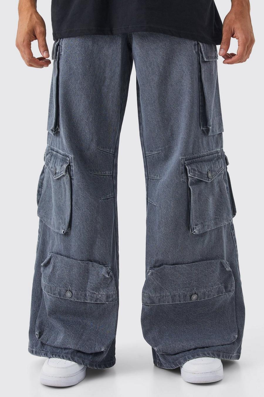 Jeans super comodi in lavaggio acido in denim rigido con tasche Cargo, Grey image number 1