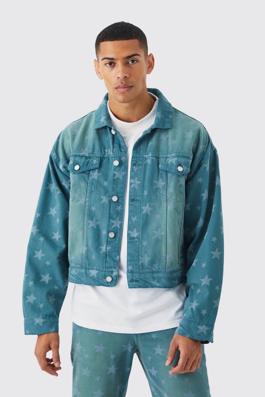 Teal Boxy Fit All Over Star Laser Print Denim Jacket image number 1