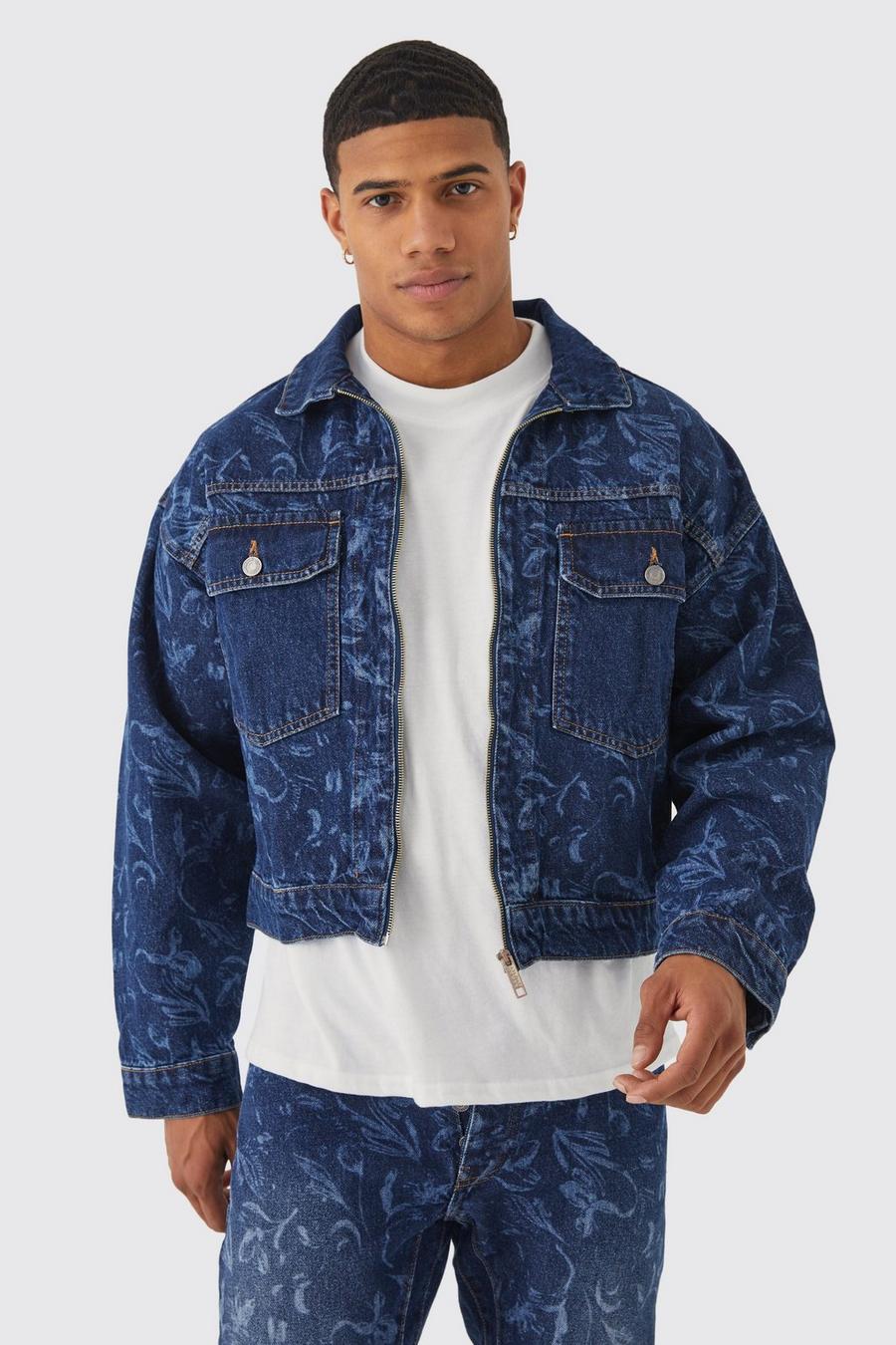 Dark blue Boxy Fit Zip Through Laser Print Denim Jacket