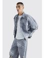 Zerrissene Oversize Jeansjacke mit Print, Mid grey