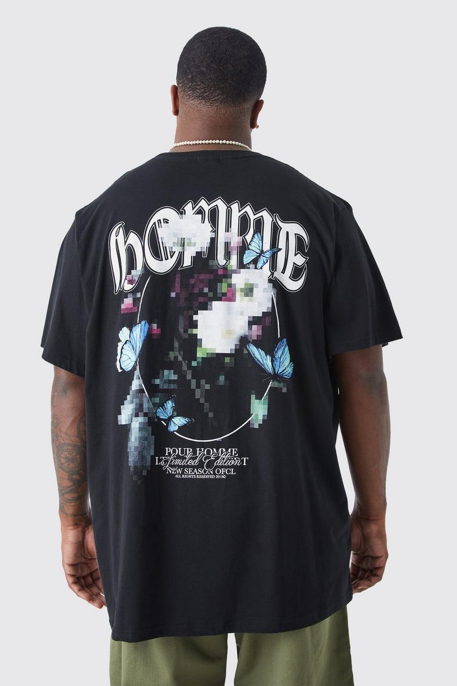 Black Plus Oversized Pixilated Homme Floral T-shirt
