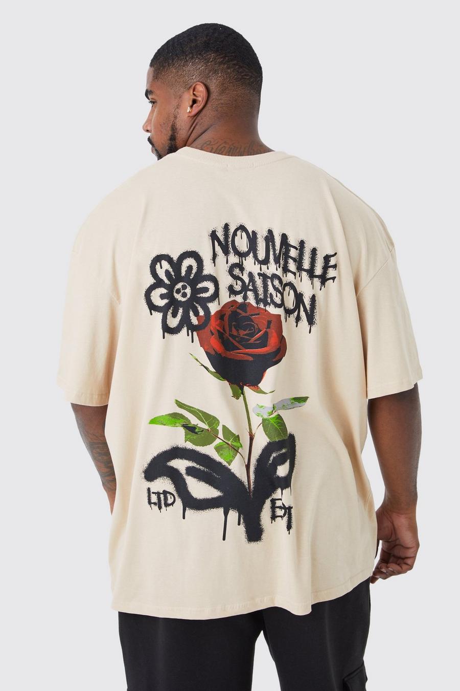 Plus Oversize T-Shirt mit floralem Graffiti-Print, Stone beige
