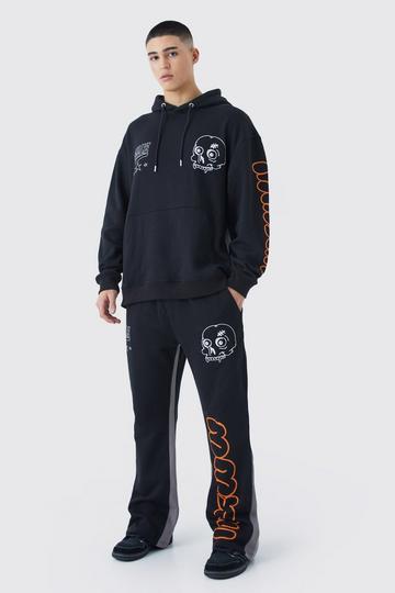 Black Oversized Multi Print Paneled Tracksuit