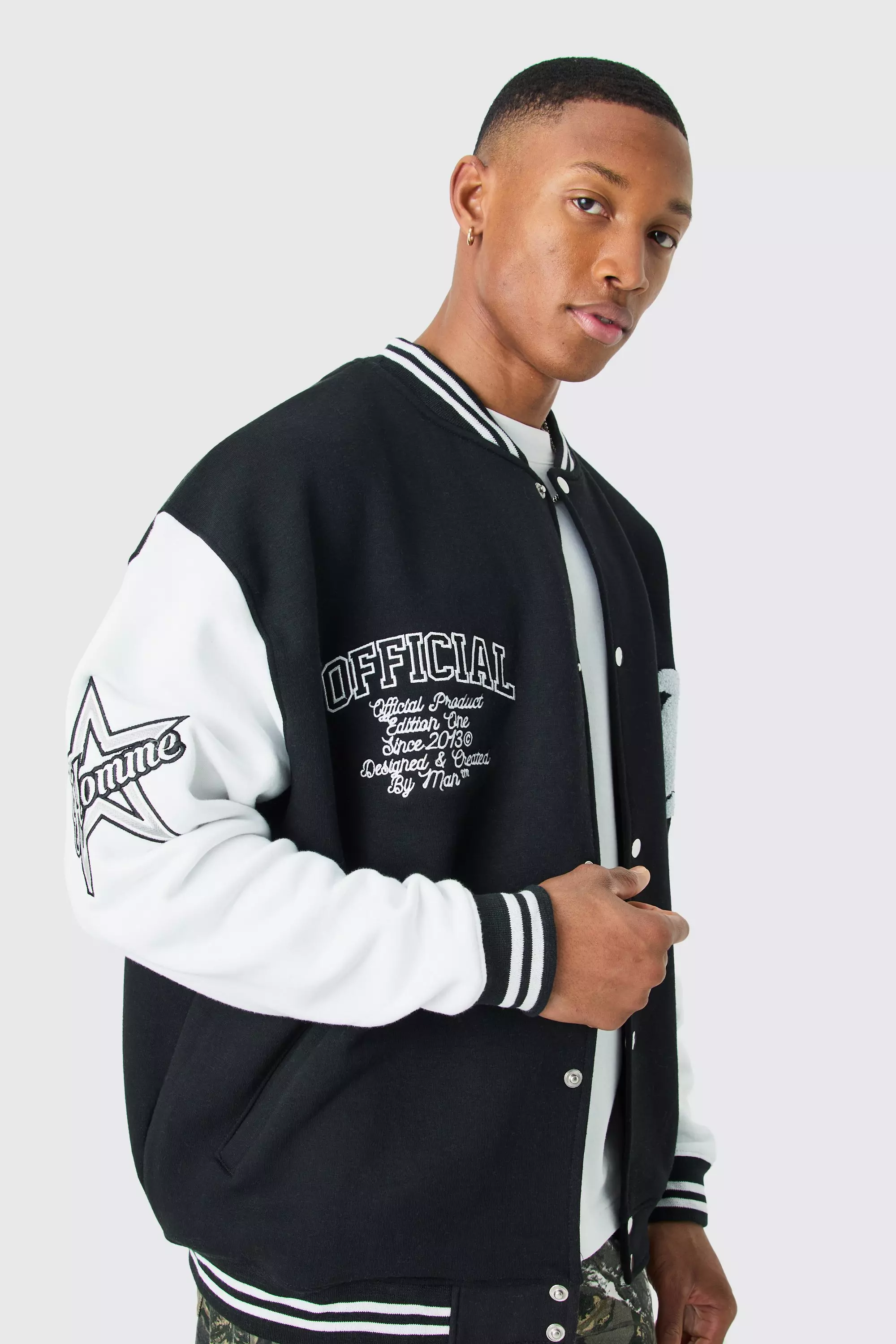 Black Oversized Varsity Bomber Jacket With Badges alternative image