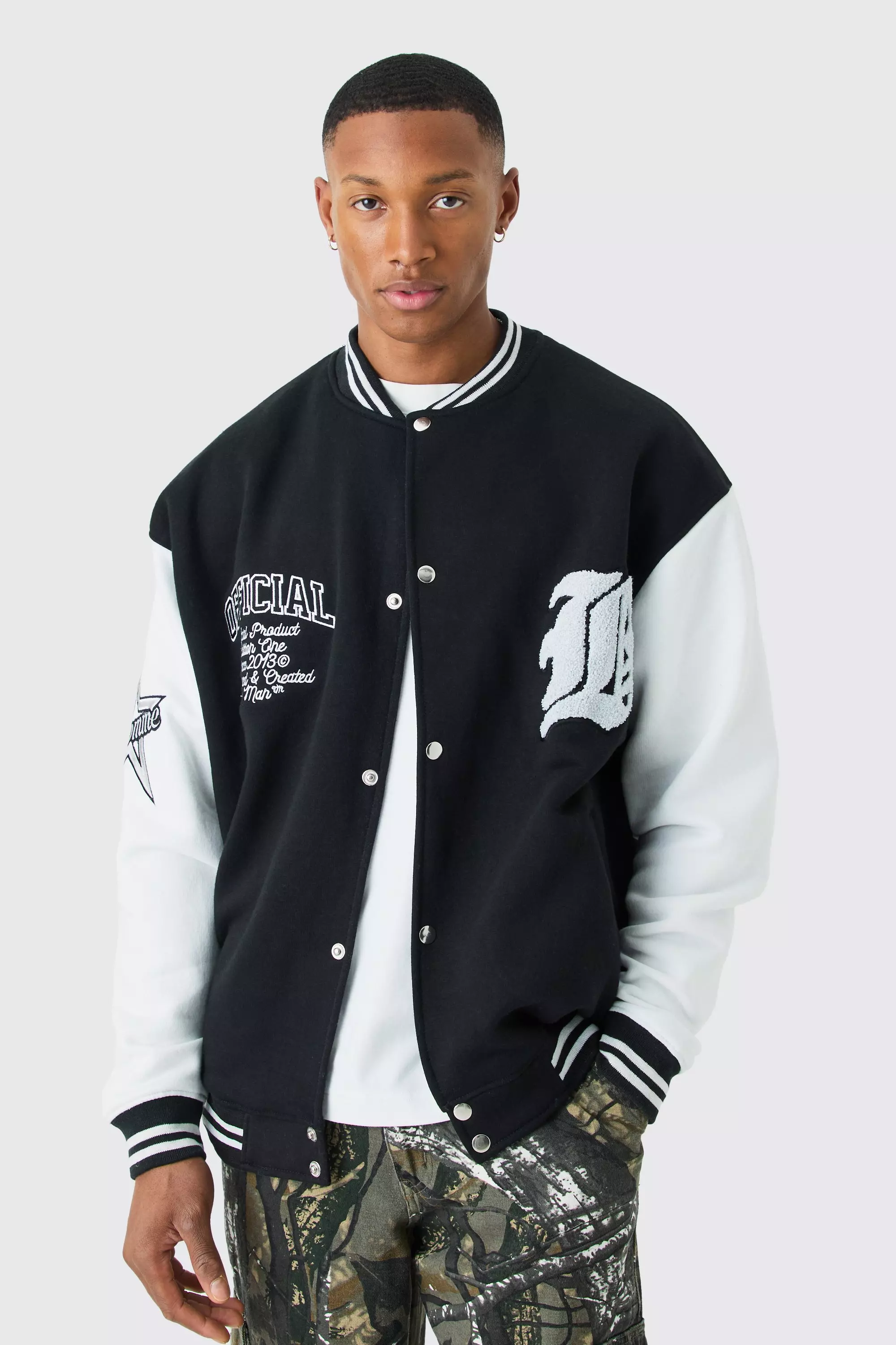 Black Oversized Varsity Bomber Jacket With Badges alternative image