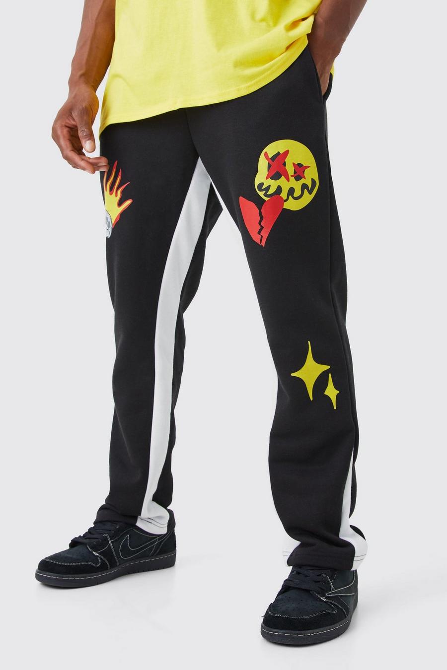 Pantalón deportivo con estampado gráfico de cara goteando, Black image number 1