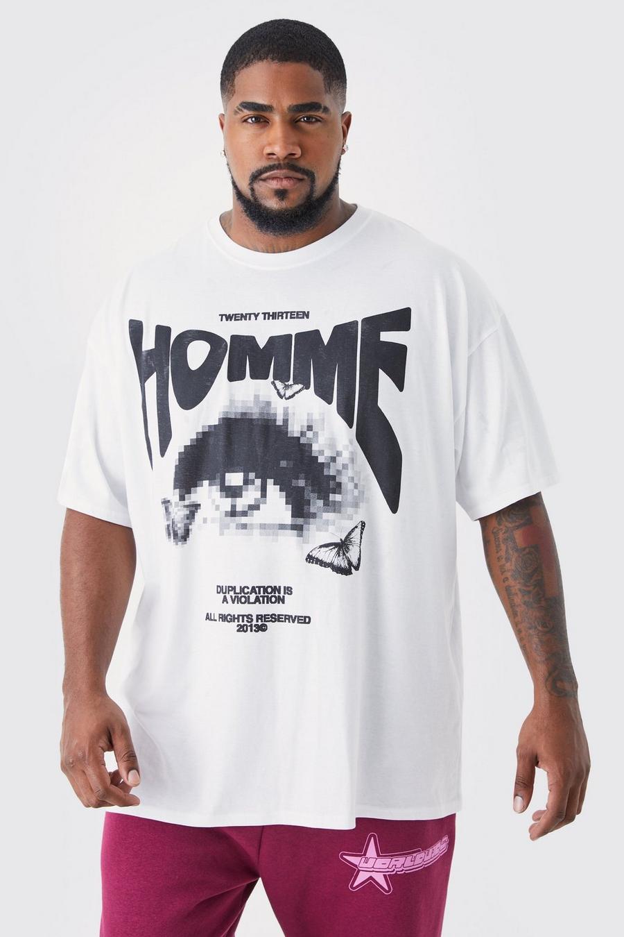 T-shirt Plus Size con grafica Homme Eye pixelata, White