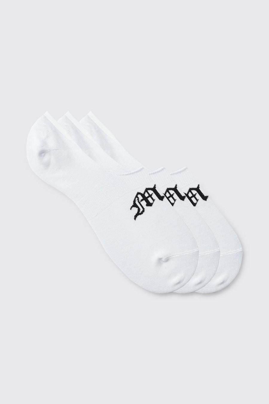 Pack de 3 pares de calcetines invisibles con letras MAN góticas, White