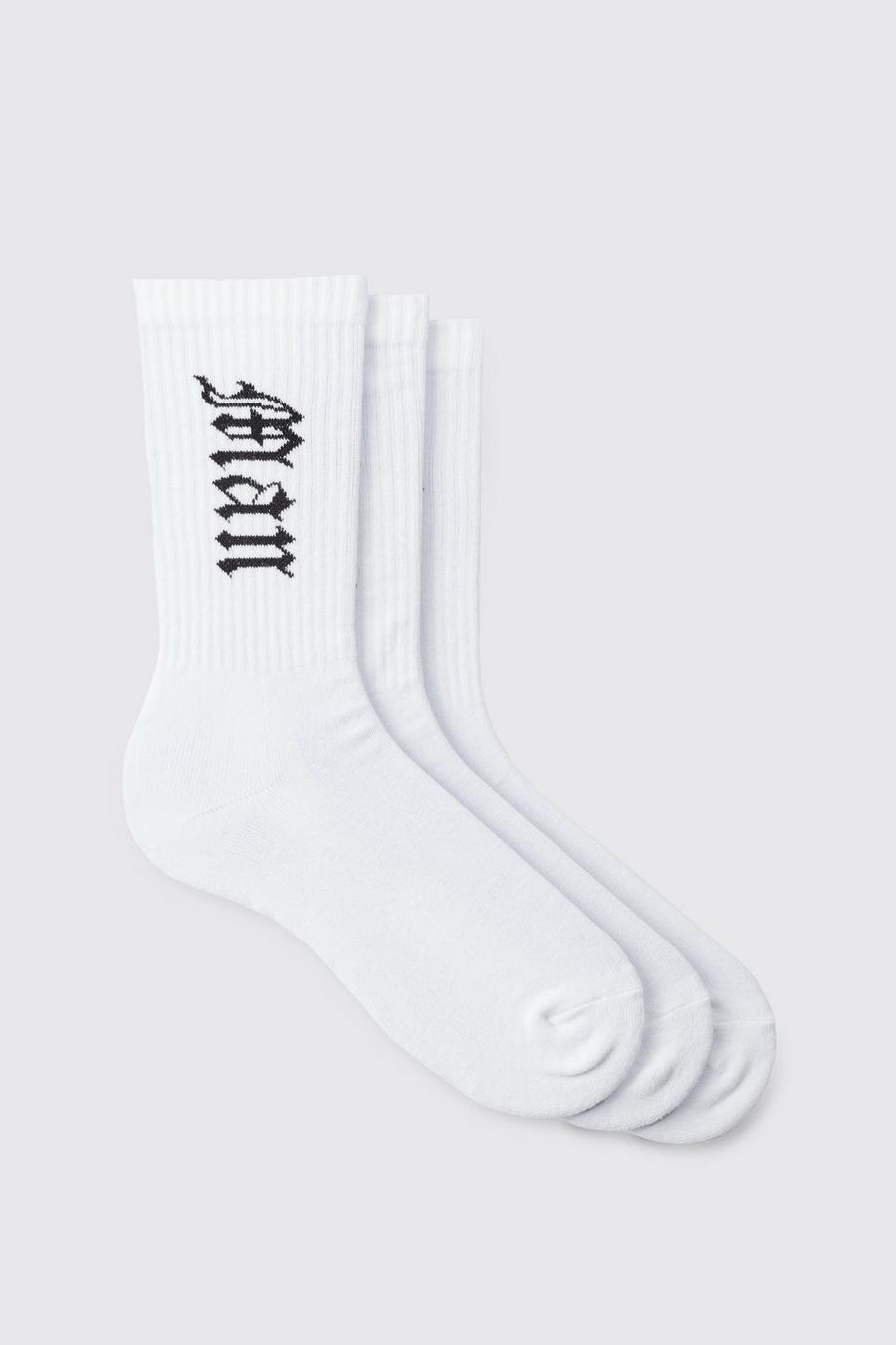 Pack de 3 pares de calcetines deportivos MAN con letras góticas, White