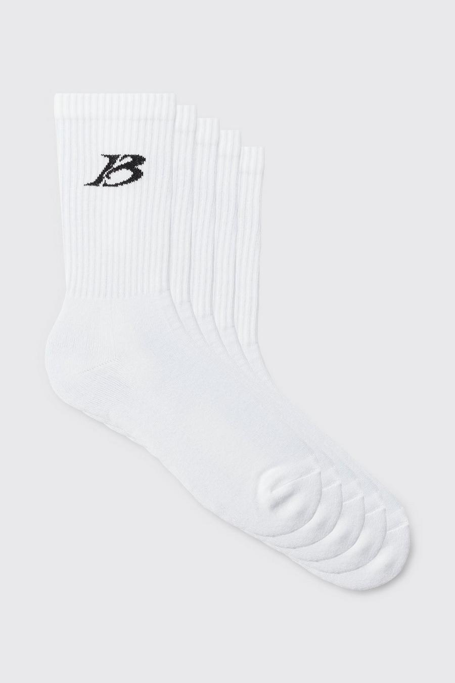 White 5 Pack B Logo Sports Socks