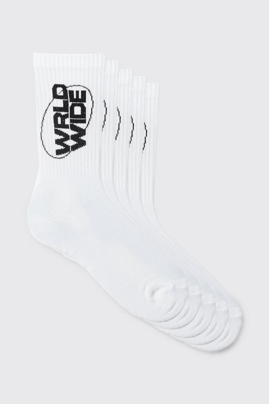 Pack de 5 pares de calcetines deportivos con logo Worldwide, White
