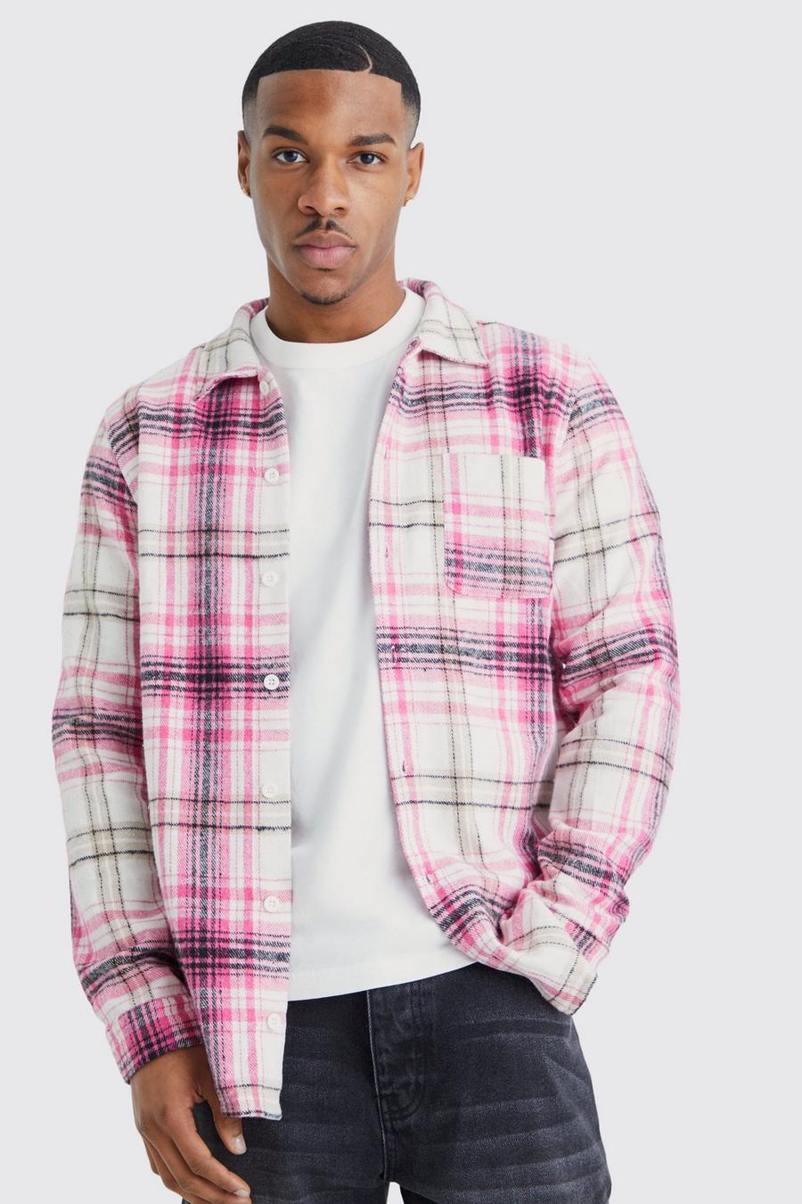 Camisa Regular de franela con estampado de cuadros, Pink rosa