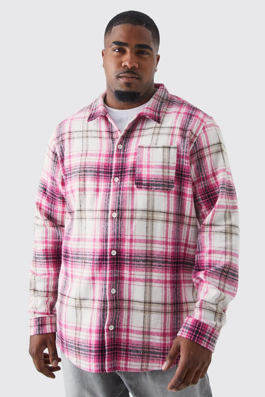 Camisa Plus Regular de franela con estampado de cuadros, Pink rosa