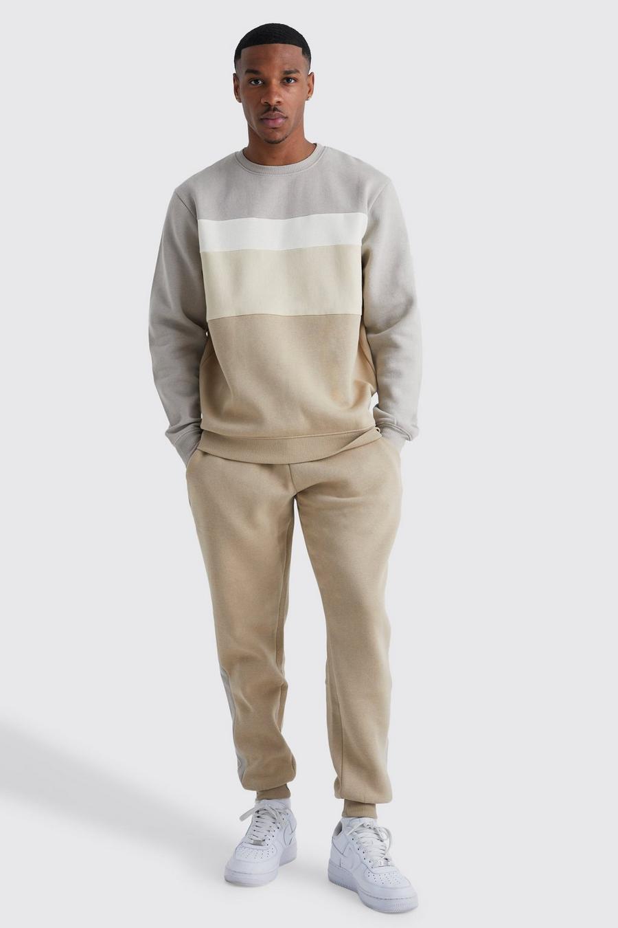 Beige Core Colour Block Sweater Tracksuit image number 1