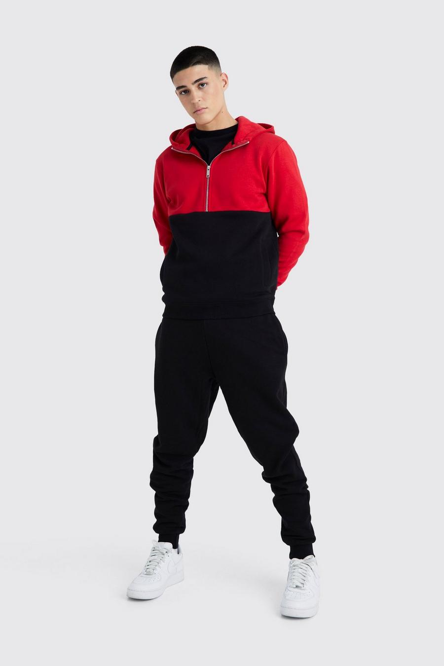 Red Slim Fit Colour Block Half Zip Tracksuit