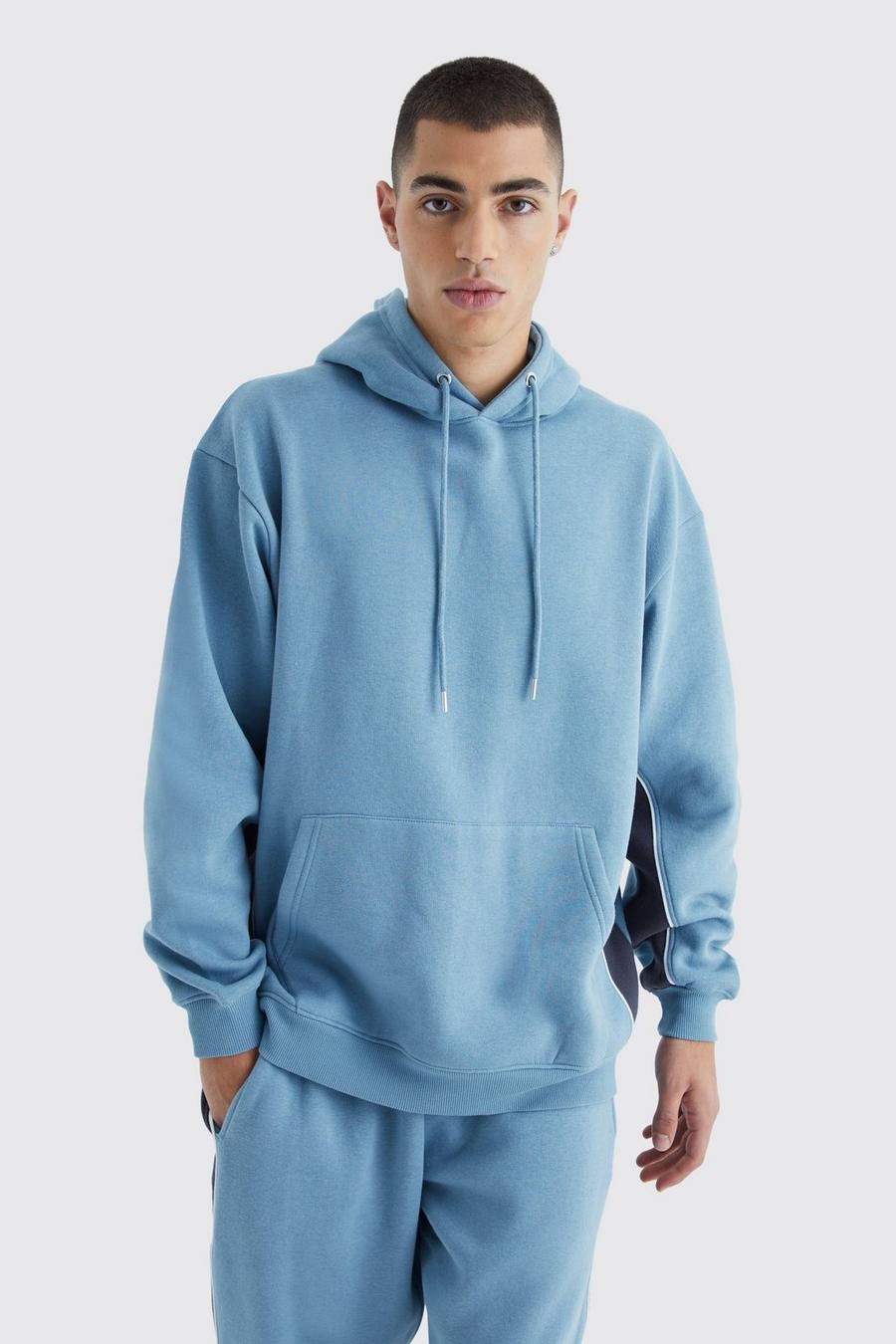 Dusty blue Oversized Colour Block Piped Hoodie image number 1