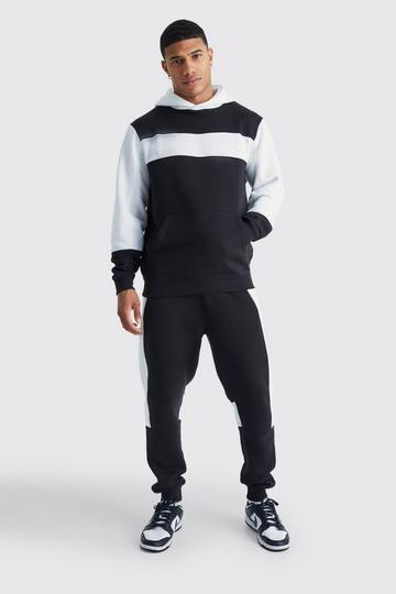 Black Color Block Panel Hooded Tracksuit