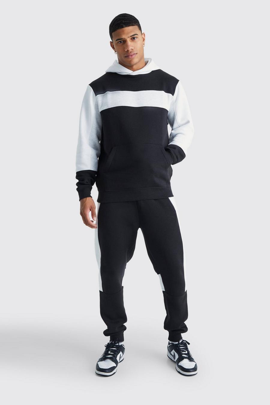 Black Colour Block Panel Hooded Tracksuit image number 1