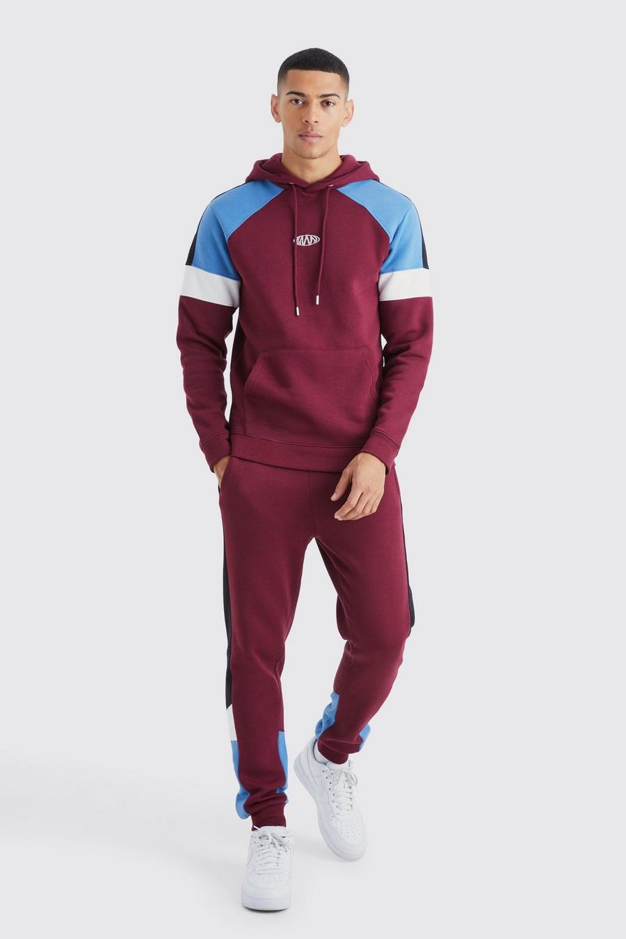Man Slim-Fit Colorblock Trainingsanzug mit Kapuze, Red image number 1