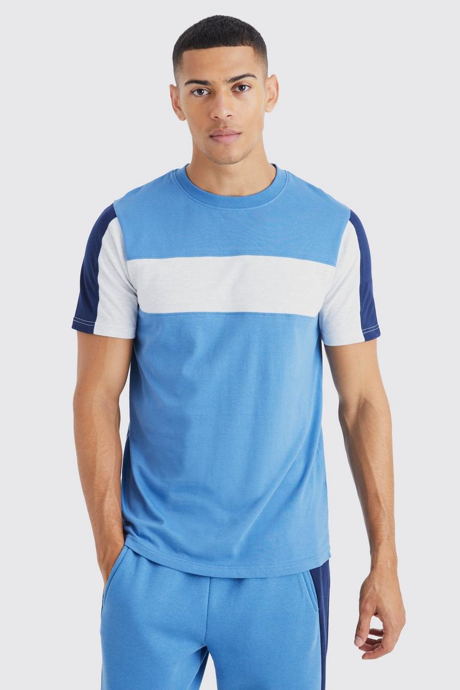 T-shirt Slim Fit con pannelli sul petto, Blue azul