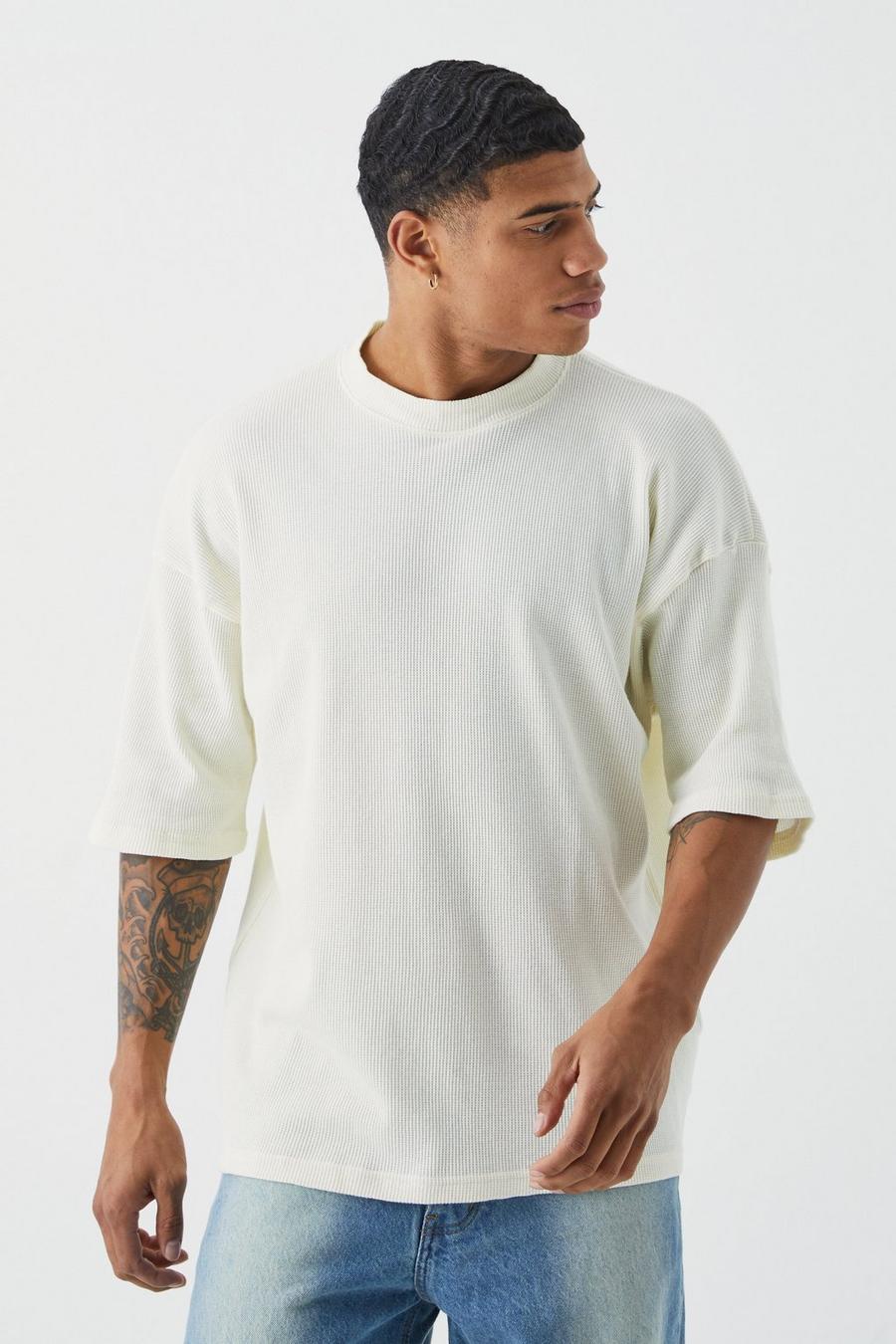 Camiseta oversize de tela gofre con cuello extendido, Ecru