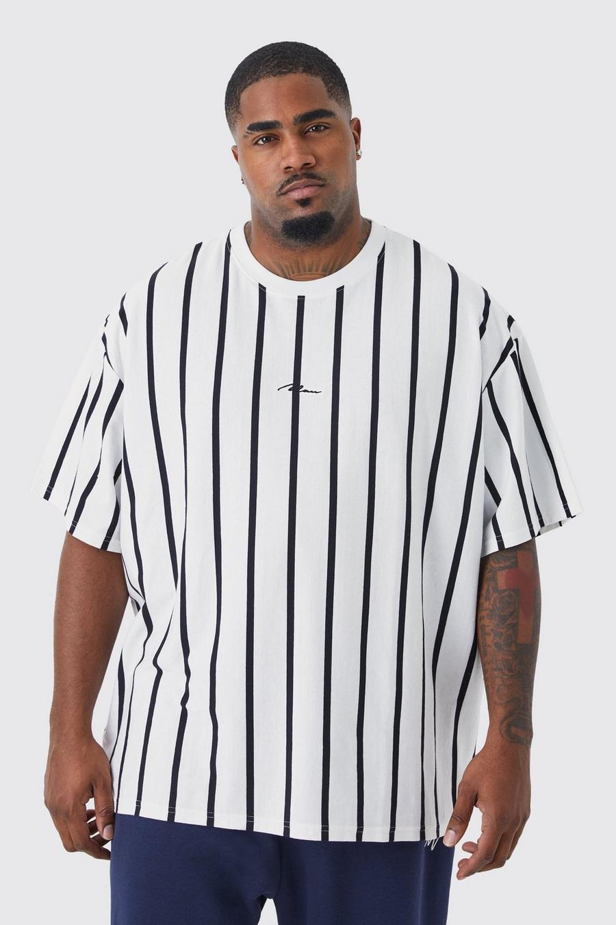 White Plus Size Loose Fit Man Script Stripe T-shirt image number 1