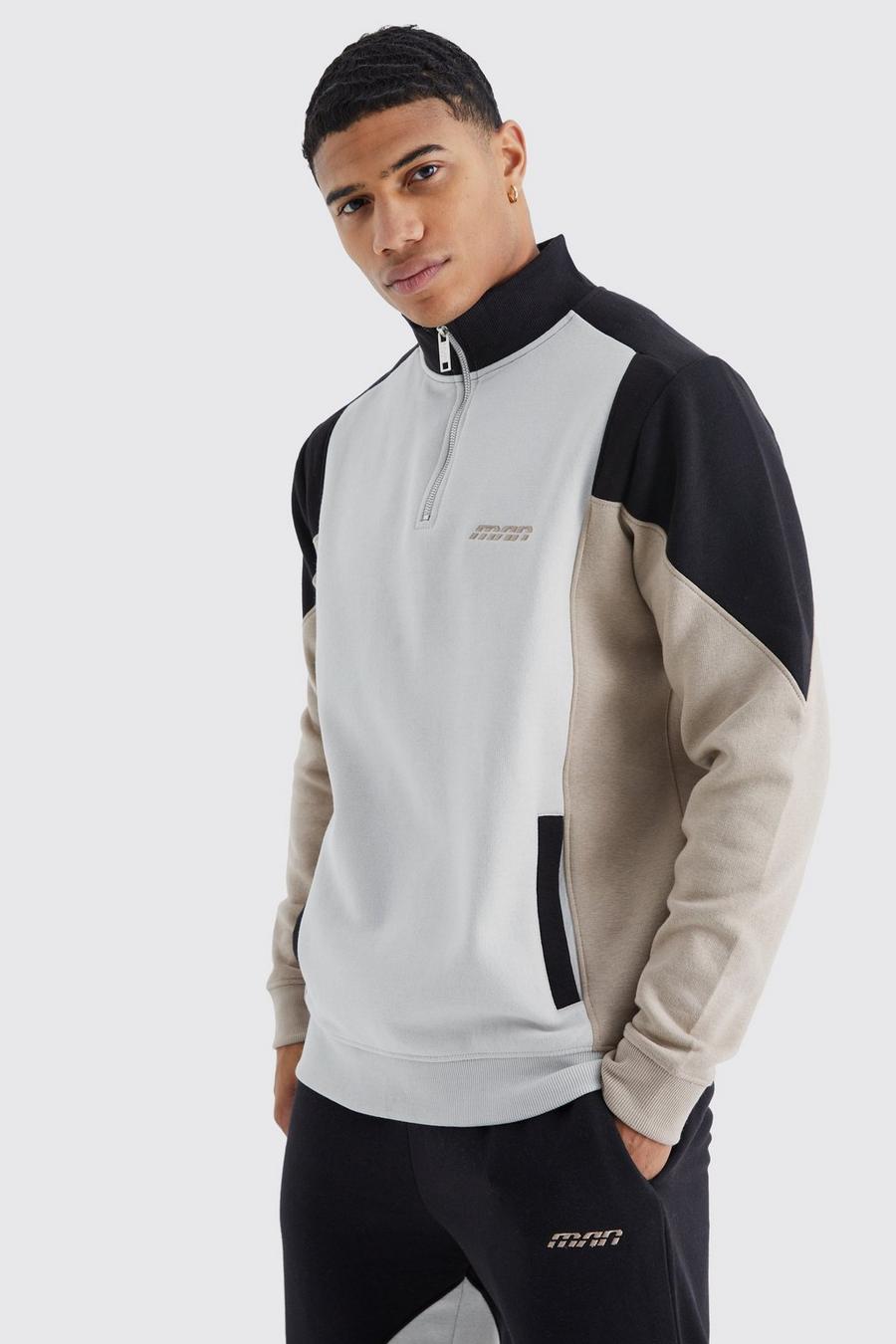 Taupe Man 1/4 Zip Funnel Neck Colour Block Tracksuit image number 1