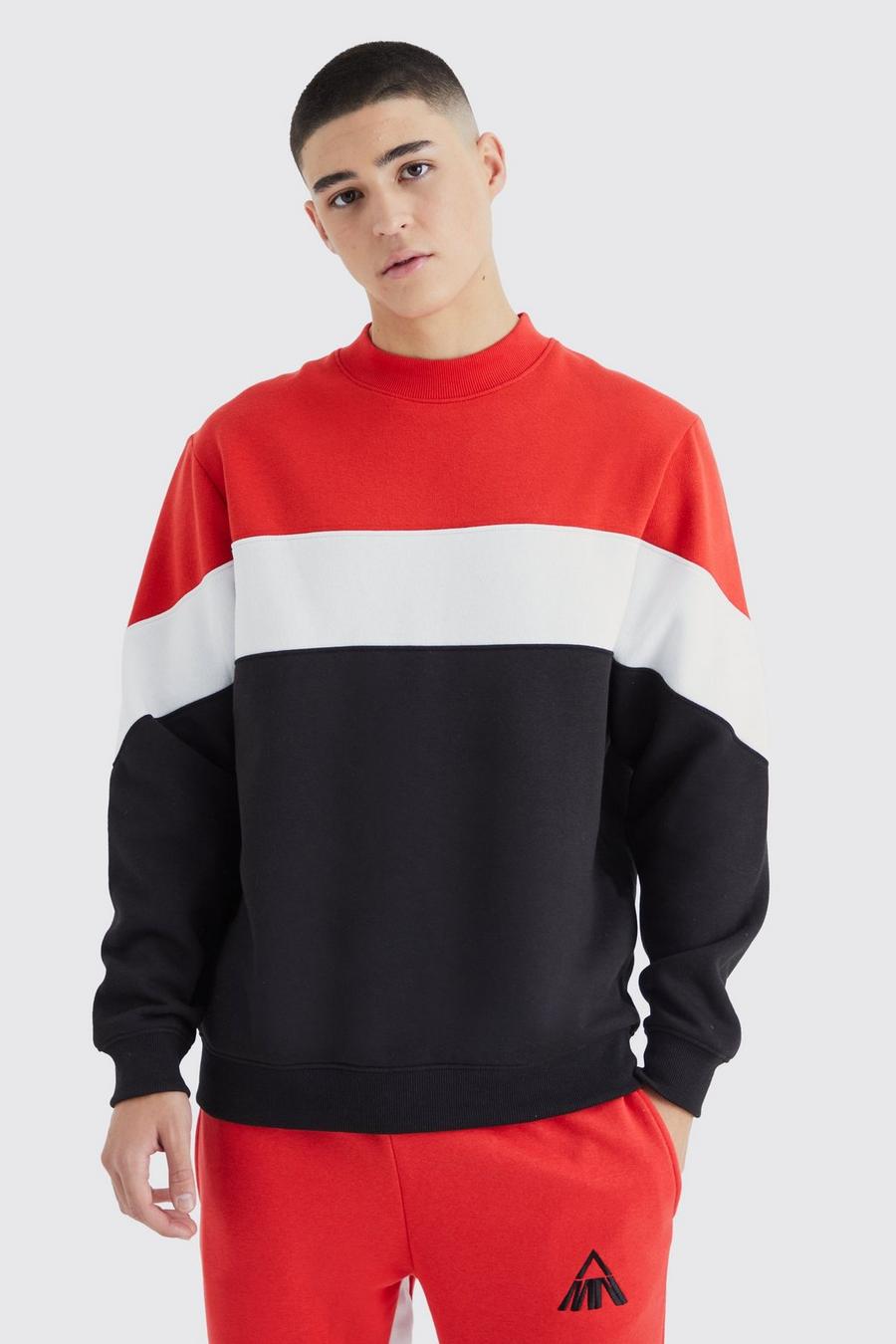 Red Colour Block Extended Neck Sweatshirt