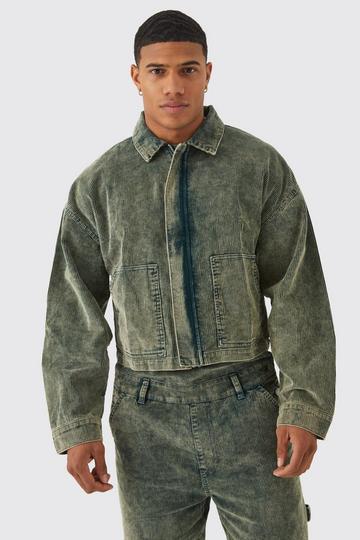 Green Boxy Acid Wash Cord Jacket