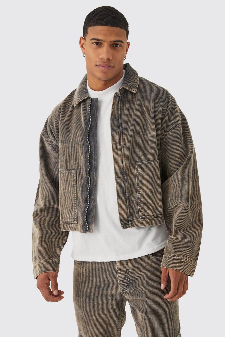 Grey gris Boxy Acid Wash Cord Jacket