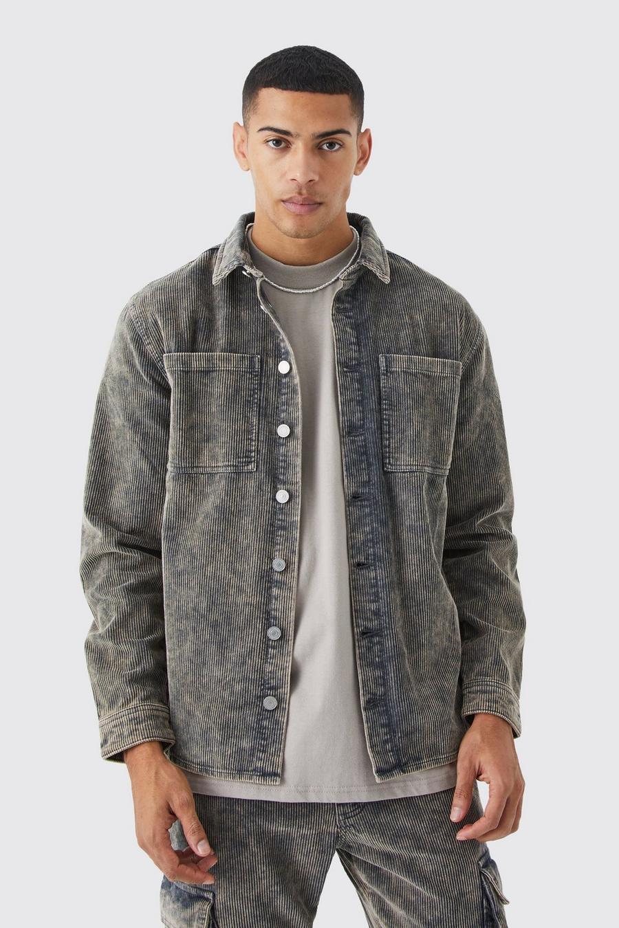 Grey Acid Wash Corduroy Shirt Jacket
