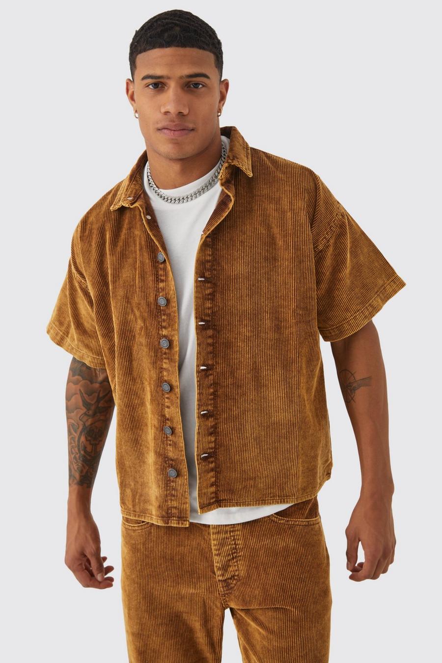 Chocolate brun Boxy Short Sleeve Acid Wash Cord Shirt
