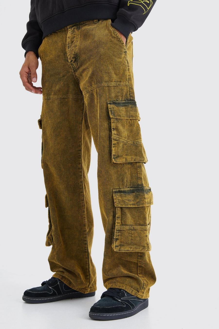 Khaki Baggy byxor i stentvättad manchester med fickor