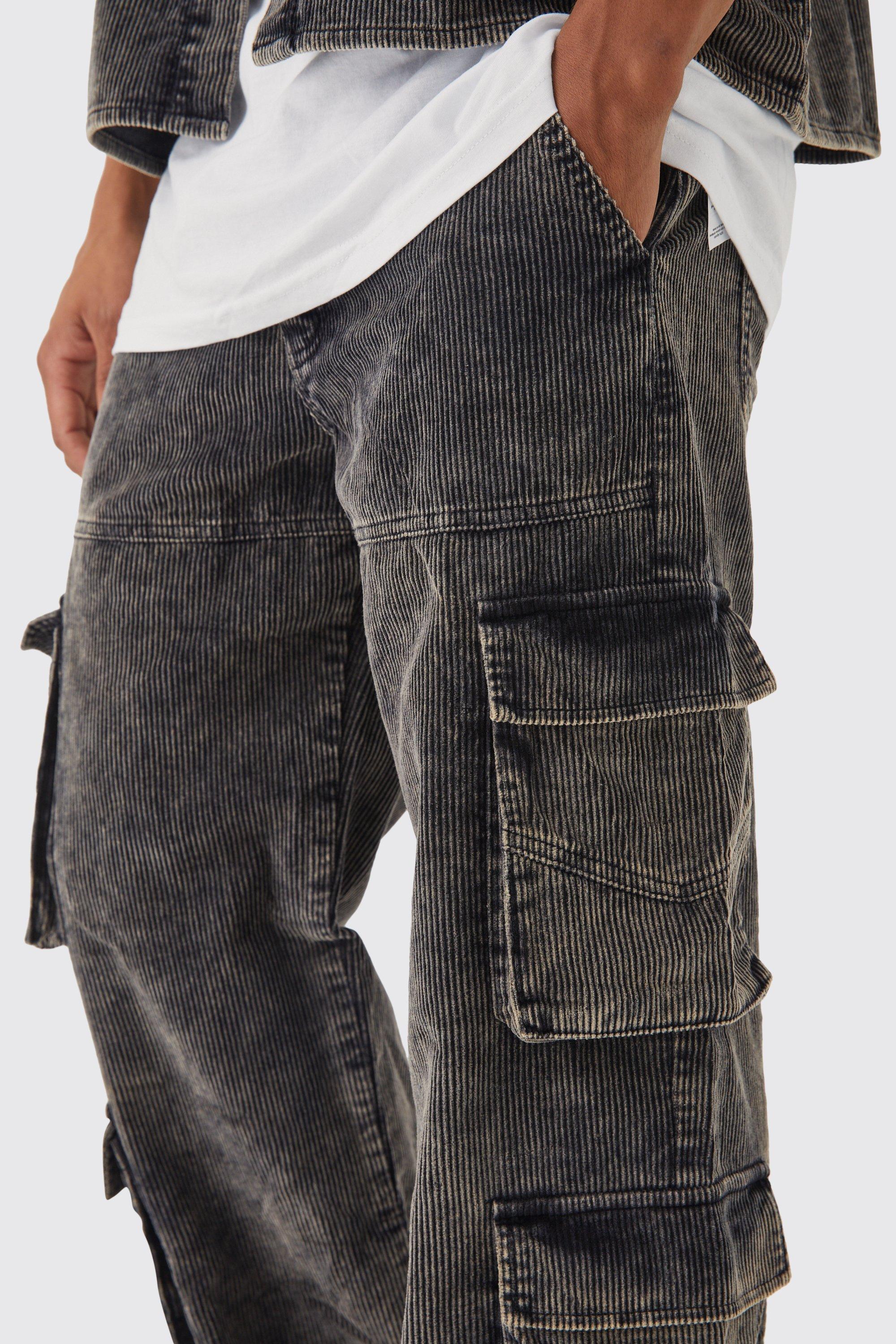 Baggy Multi Pocket Acid Wash Cord Cargo Trouser