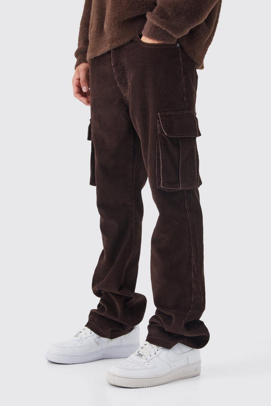 Chocolate brown Slim Flare Acid Wash Cargo Corduroy Trouser