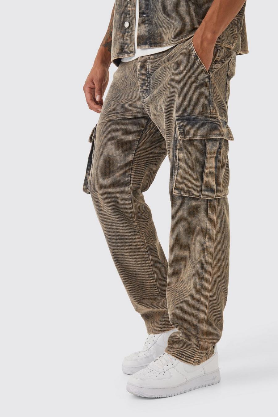 Grey Relaxed Acid Wash Cord Cargo Trouser image number 1