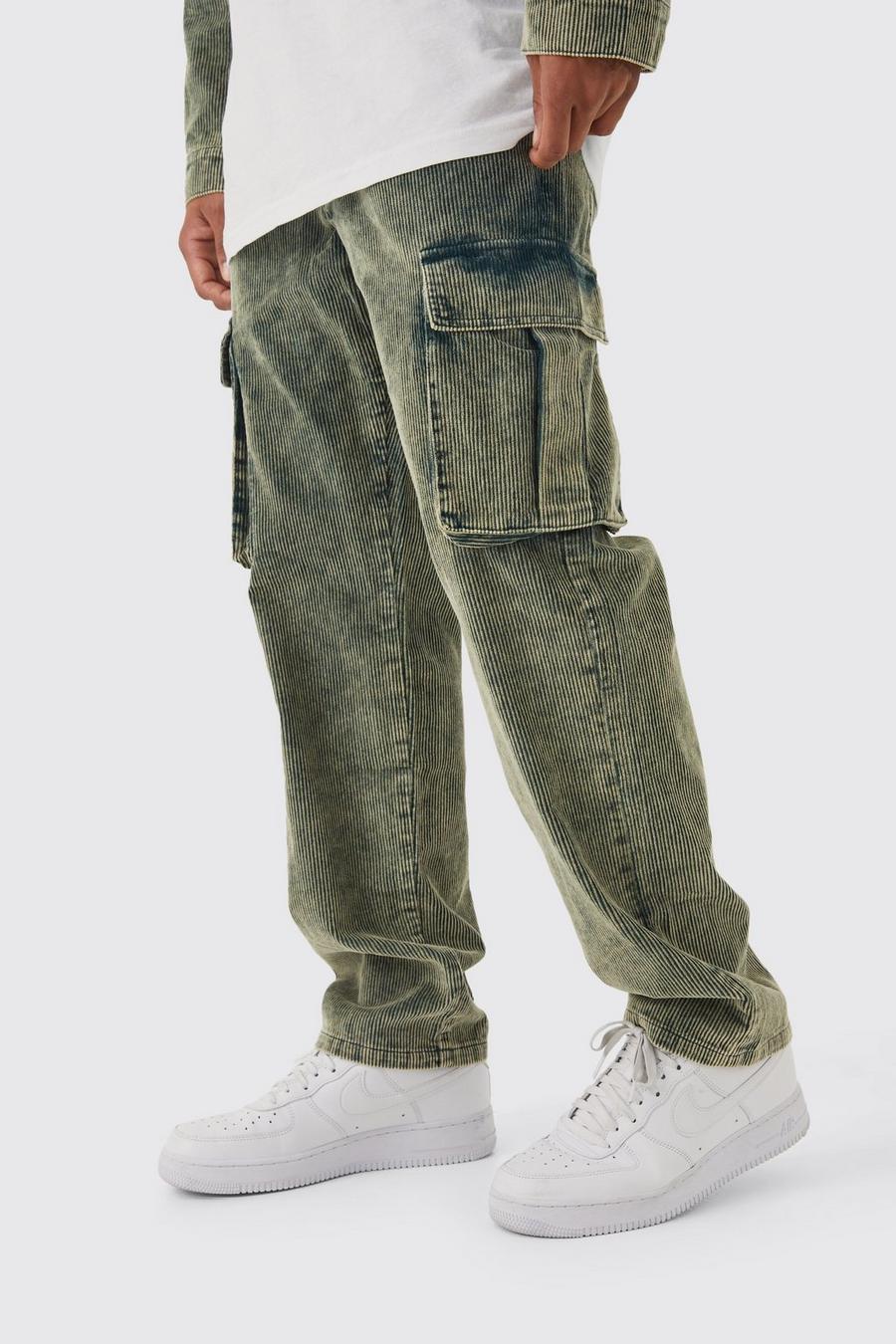 Green Relaxed Acid Wash Corduroy Cargo Trouser image number 1