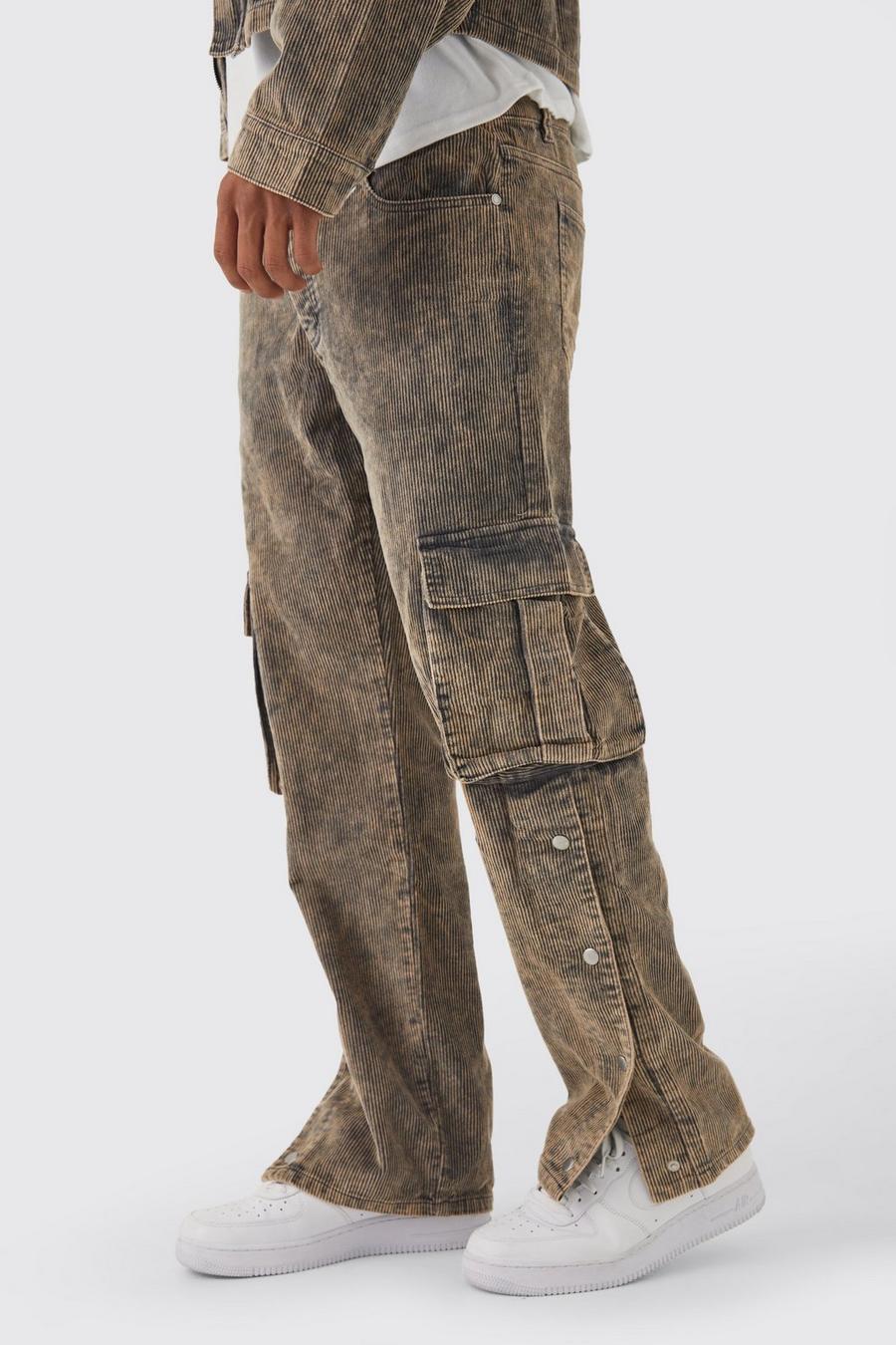 Grey Relaxed Acid Wash Cord Cargo Popper Hem Trouser image number 1